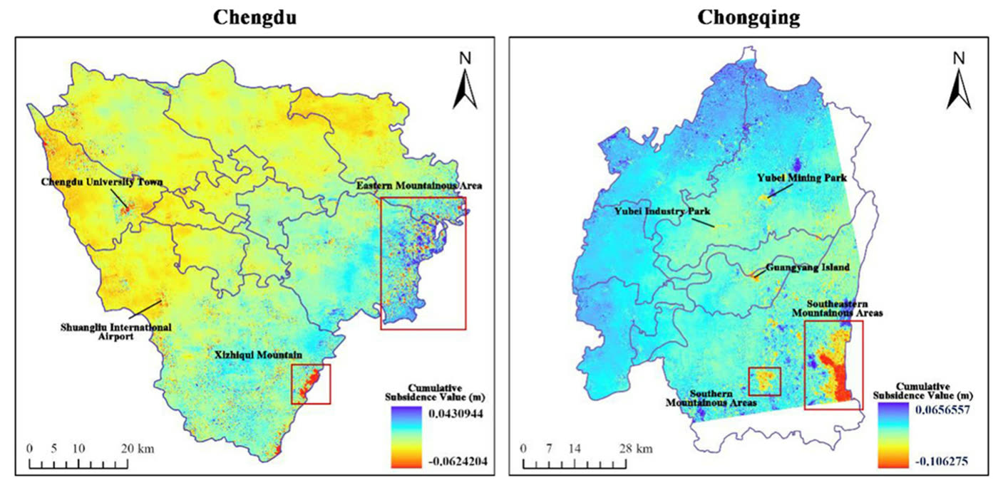 Cumulative land subsidence maps of Chengdu and Chongqing